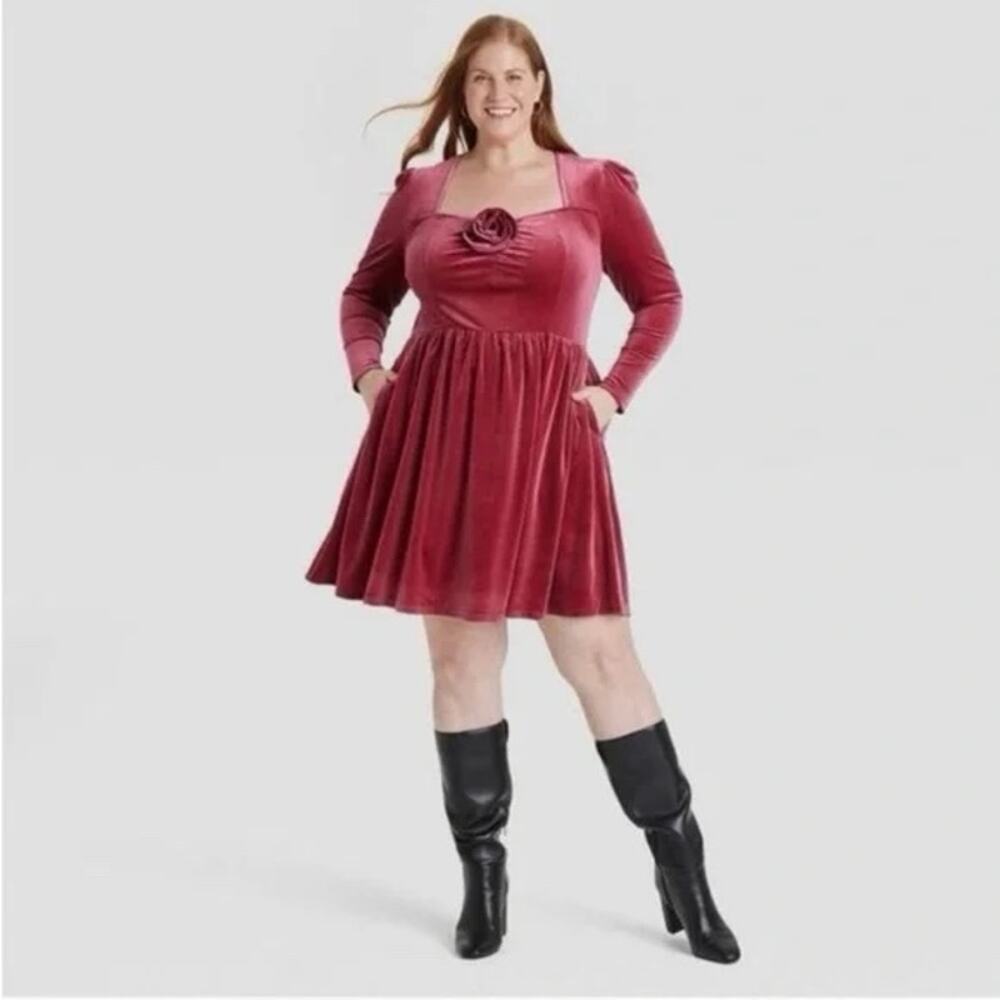 Ava + Viv NWT Women's Long Sleeve Red Rosette Midi A-Line Velvet Dress 1X